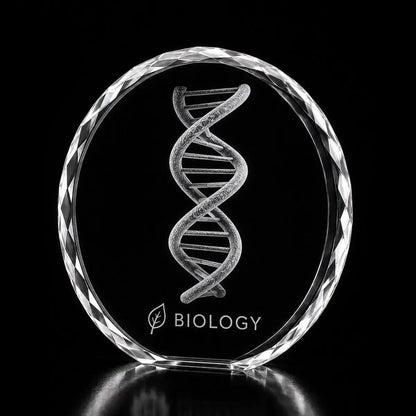 3D DNA double helix laser engraved inside a clear round crystal award, custom biology crystal trophy with 360-degree display.