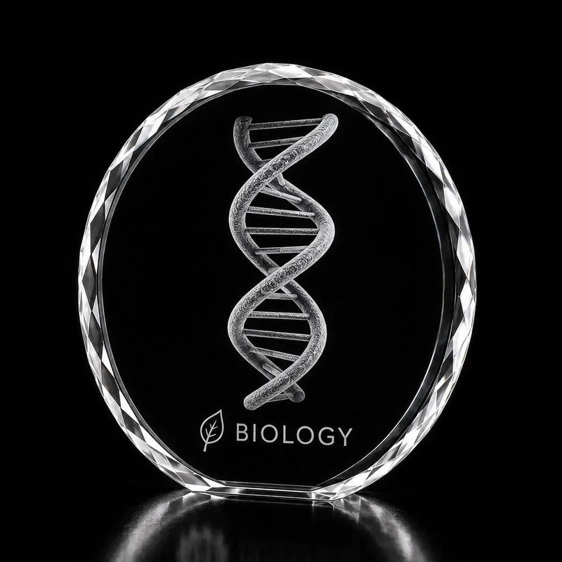 3D DNA double helix laser engraved inside a clear round crystal award, custom biology crystal trophy with 360-degree display.
