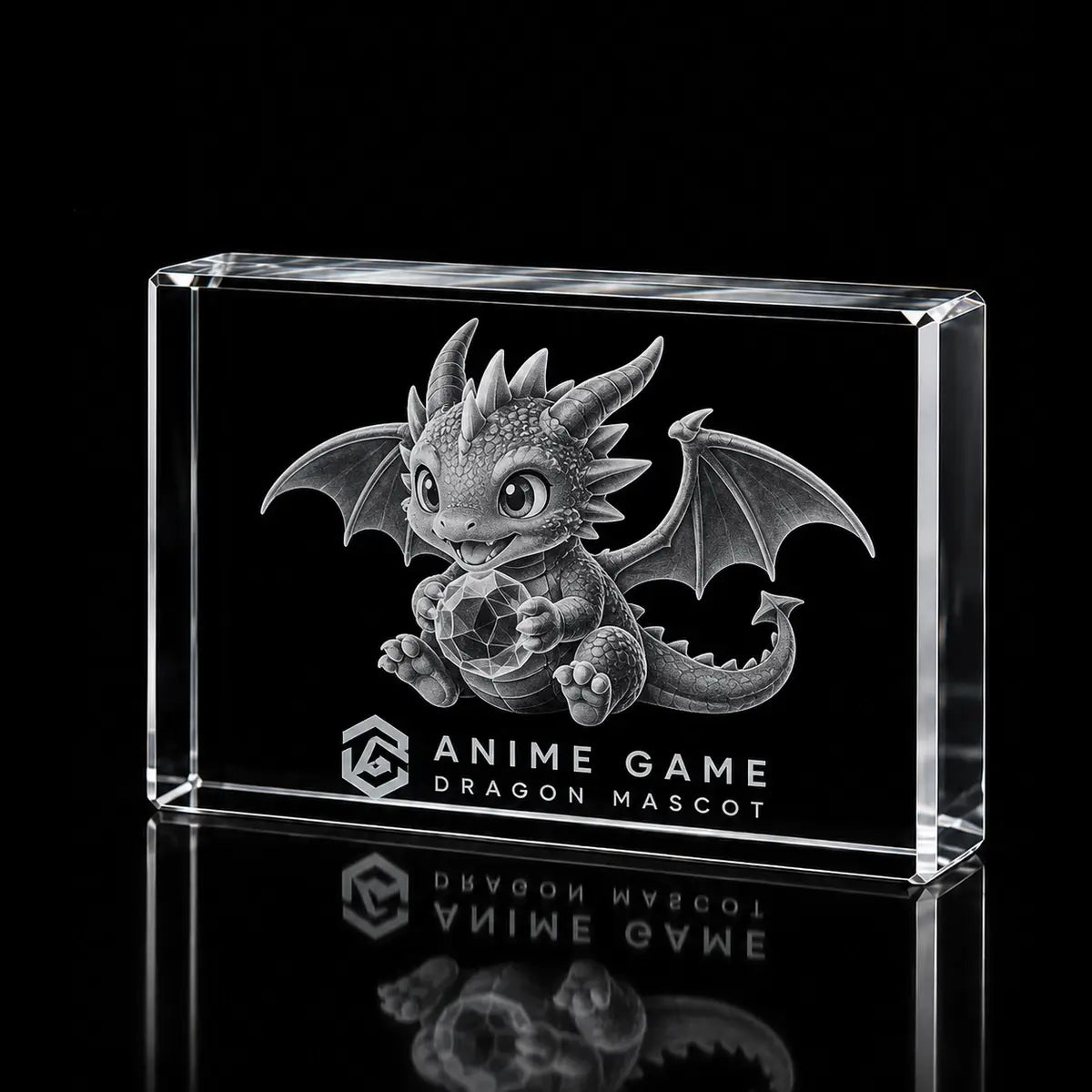 3D dragon mascot model laser engraved inside a clear landscape crystal award, custom anime game trophy with 360-degree display.