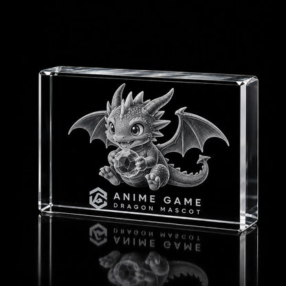 3D dragon mascot model laser engraved inside a clear landscape crystal award, custom anime game trophy with 360-degree display.