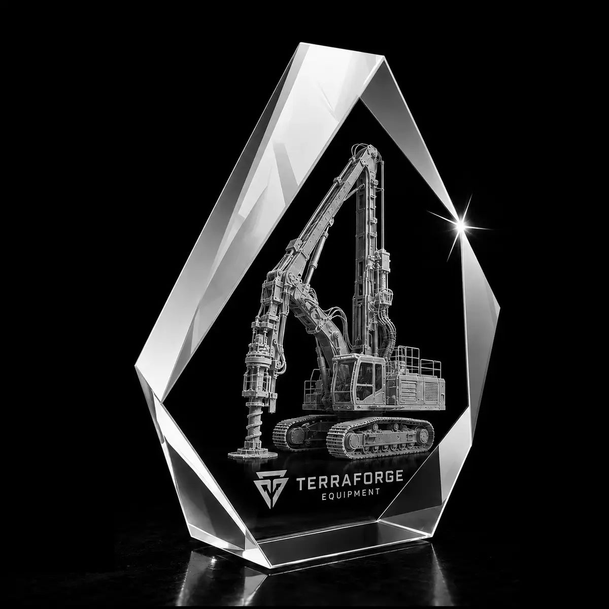 3D drilling rig laser engraved inside a clear iceberg crystal award, custom engineering equipment trophy with 360-degree display.