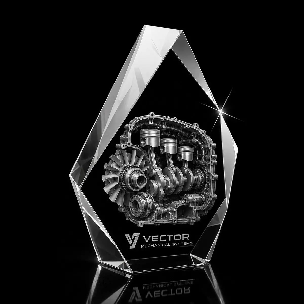 3D engine model laser engraved inside a clear iceberg crystal award, custom mechanical systems trophy with 360-degree display.