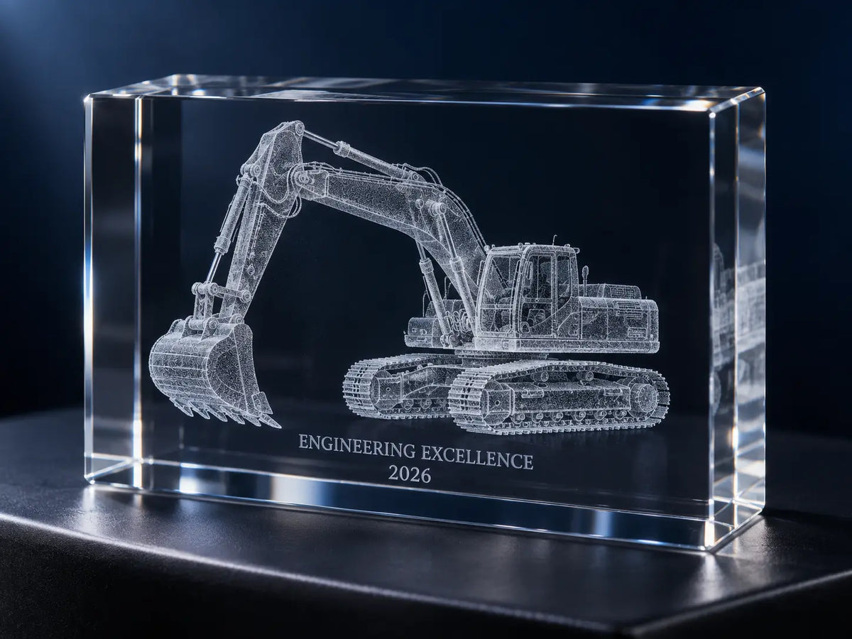 Detailed 3D excavator model engraved inside a rectangular crystal award against a navy background