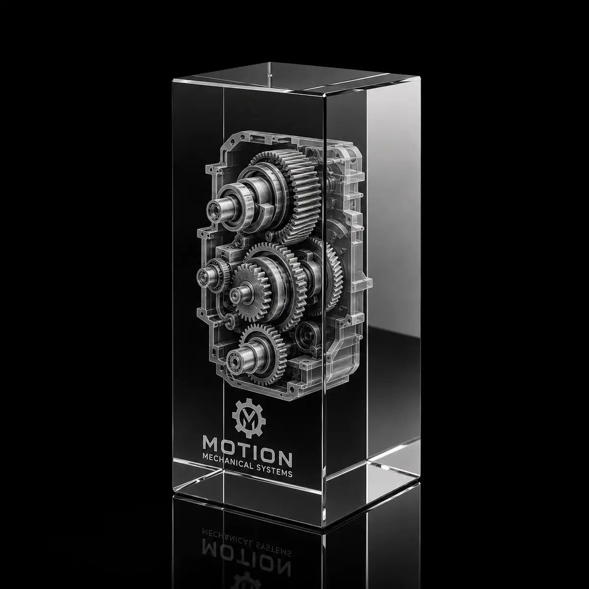 3D gearbox model engraved inside a crystal award, custom mechanical systems trophy with detailed engineering design.