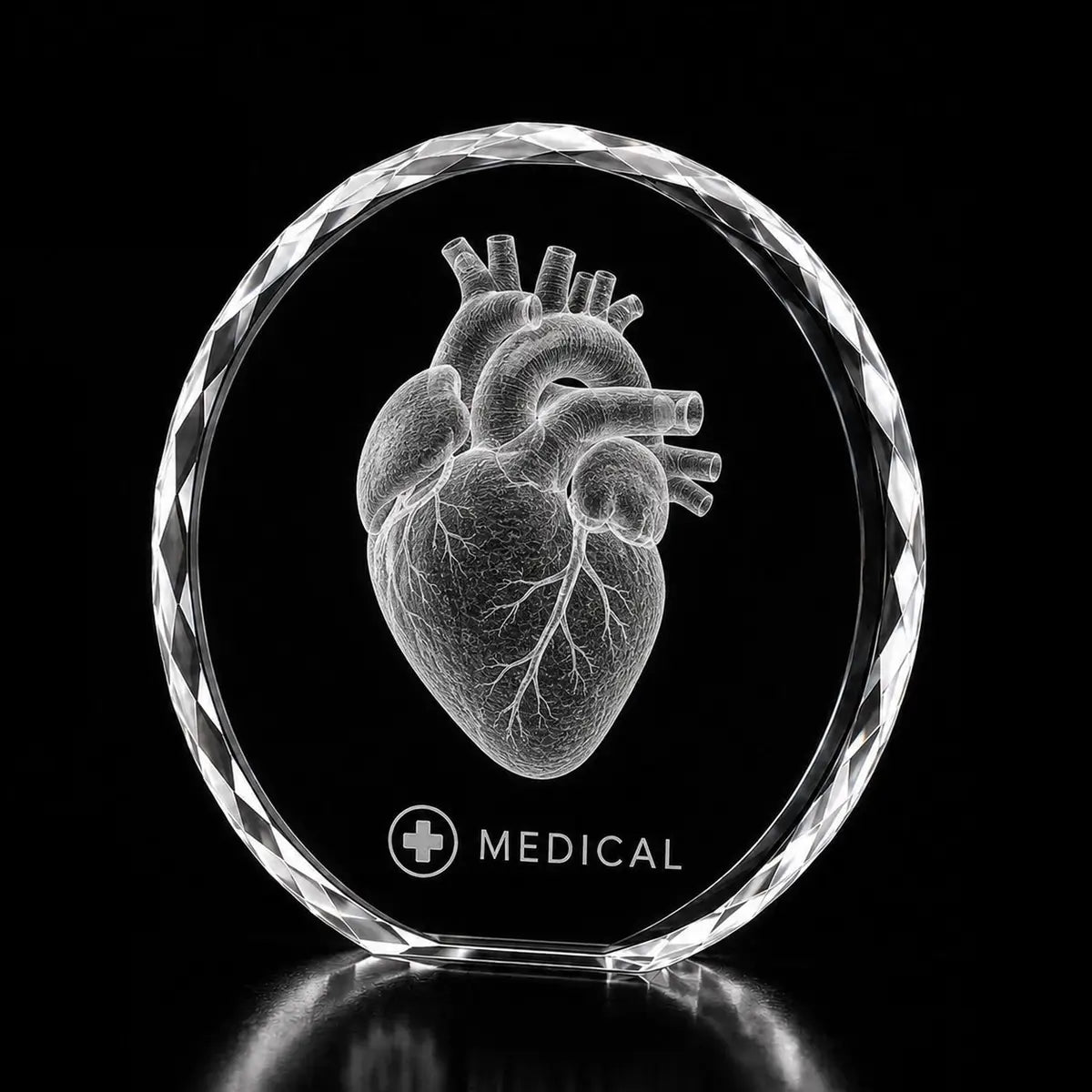 3D human heart laser engraved inside a clear round crystal award, custom medical crystal trophy with 360-degree display.