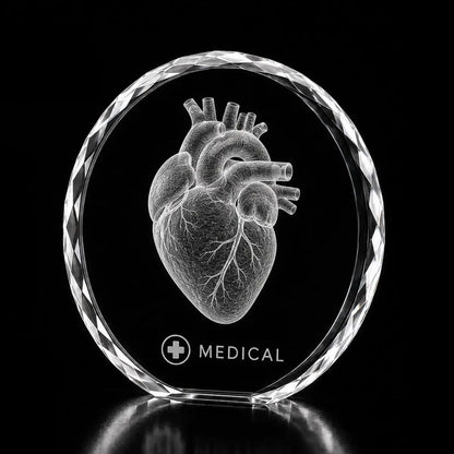 3D human heart laser engraved inside a clear round crystal award, custom medical crystal trophy with 360-degree display.