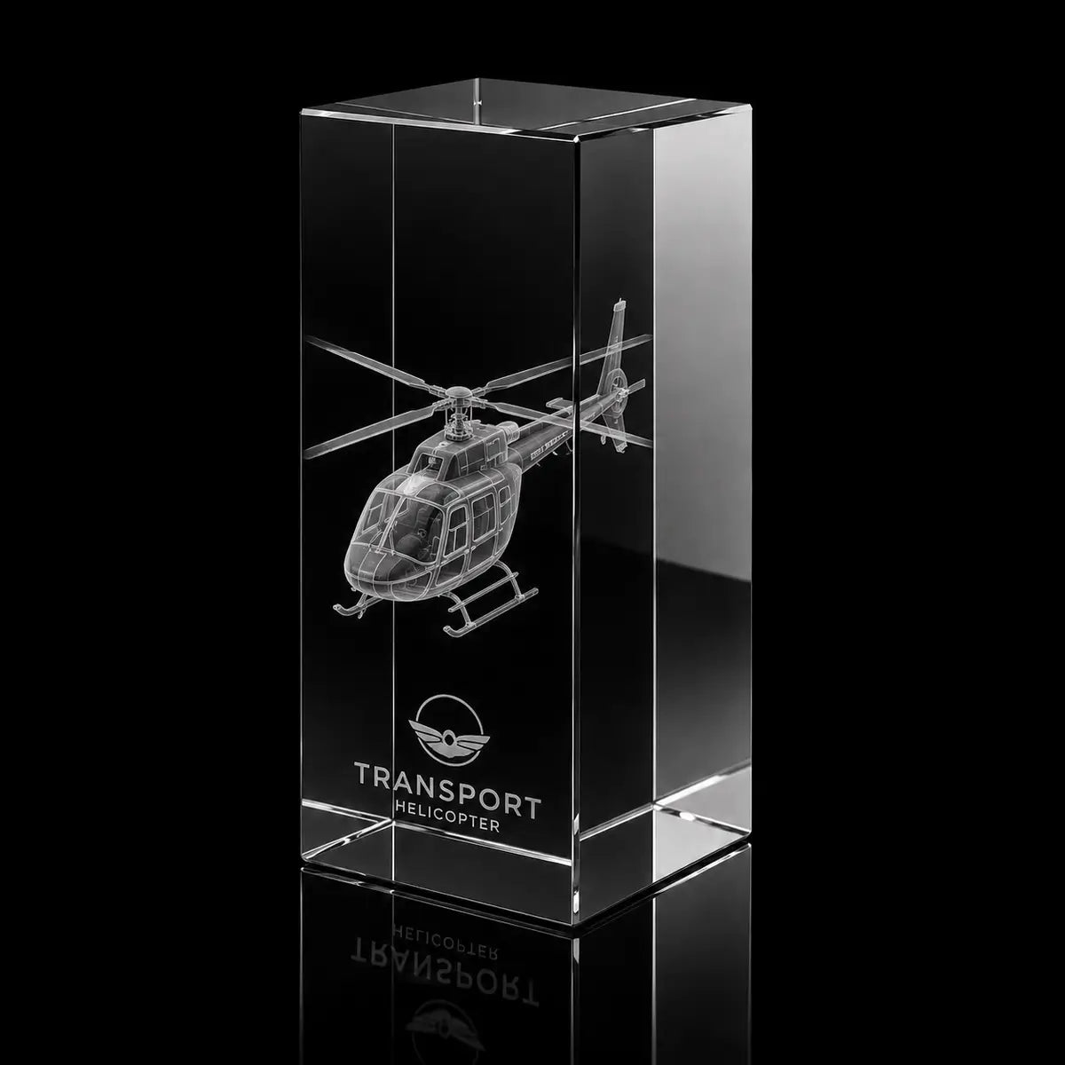 3D helicopter model engraved inside a clear crystal award, custom transport trophy with 360-degree display.