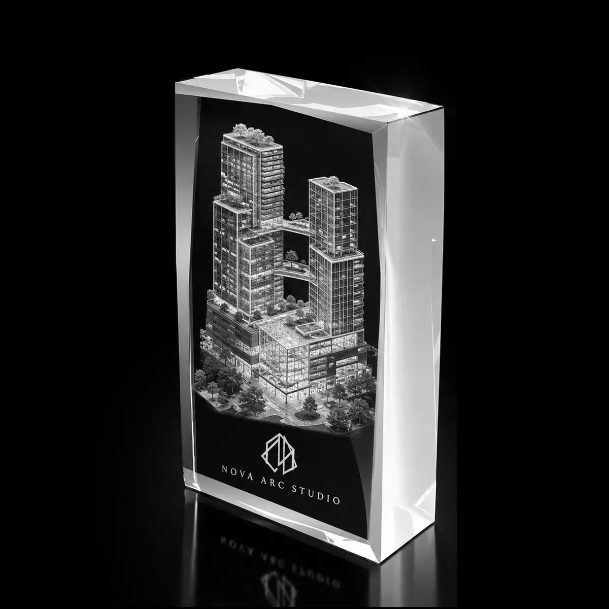 3D high-rise building model laser engraved inside a clear faceted portrait crystal award, custom architecture trophy with 360-degree display.