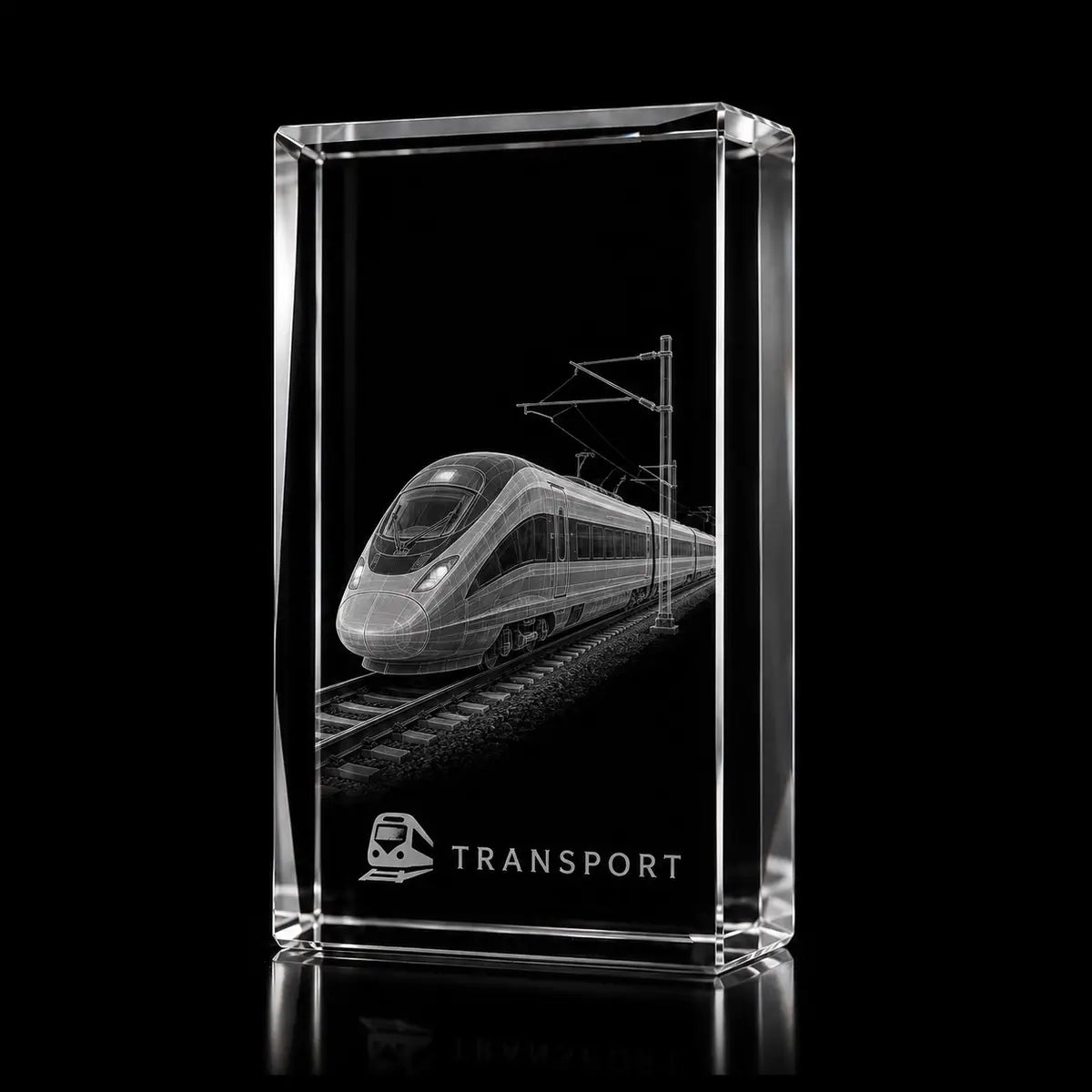 3D high speed train laser engraved inside a clear portrait crystal award, custom transport trophy with 360-degree display.