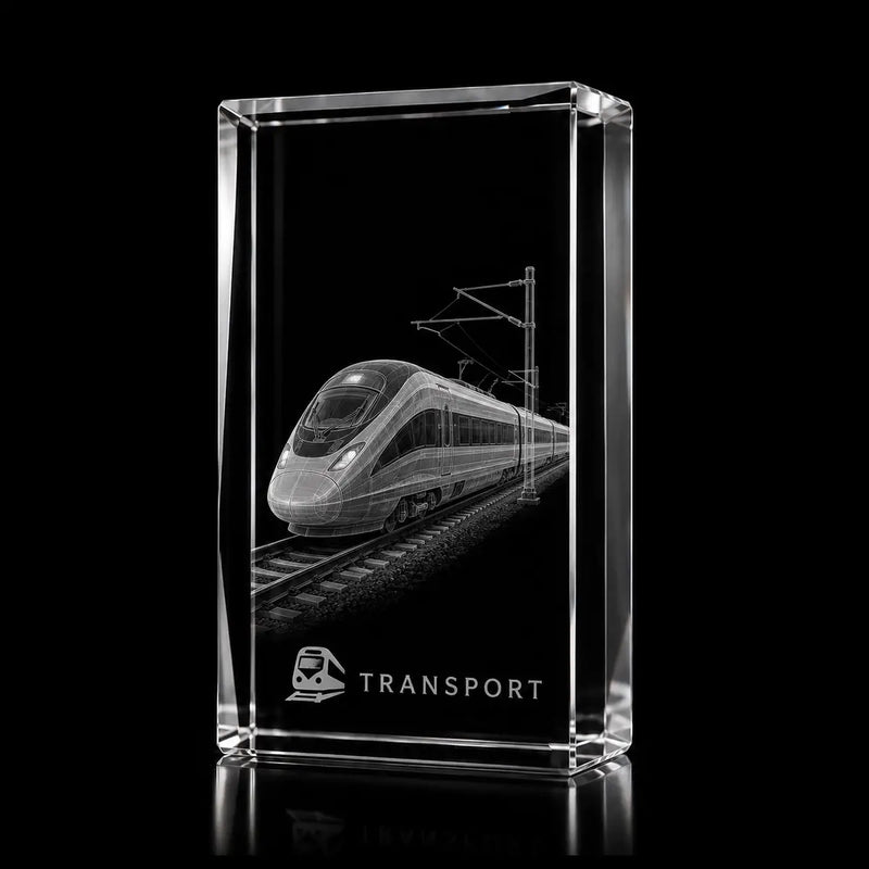 3D high speed train laser engraved inside a clear portrait crystal award, custom transport trophy with 360-degree display.