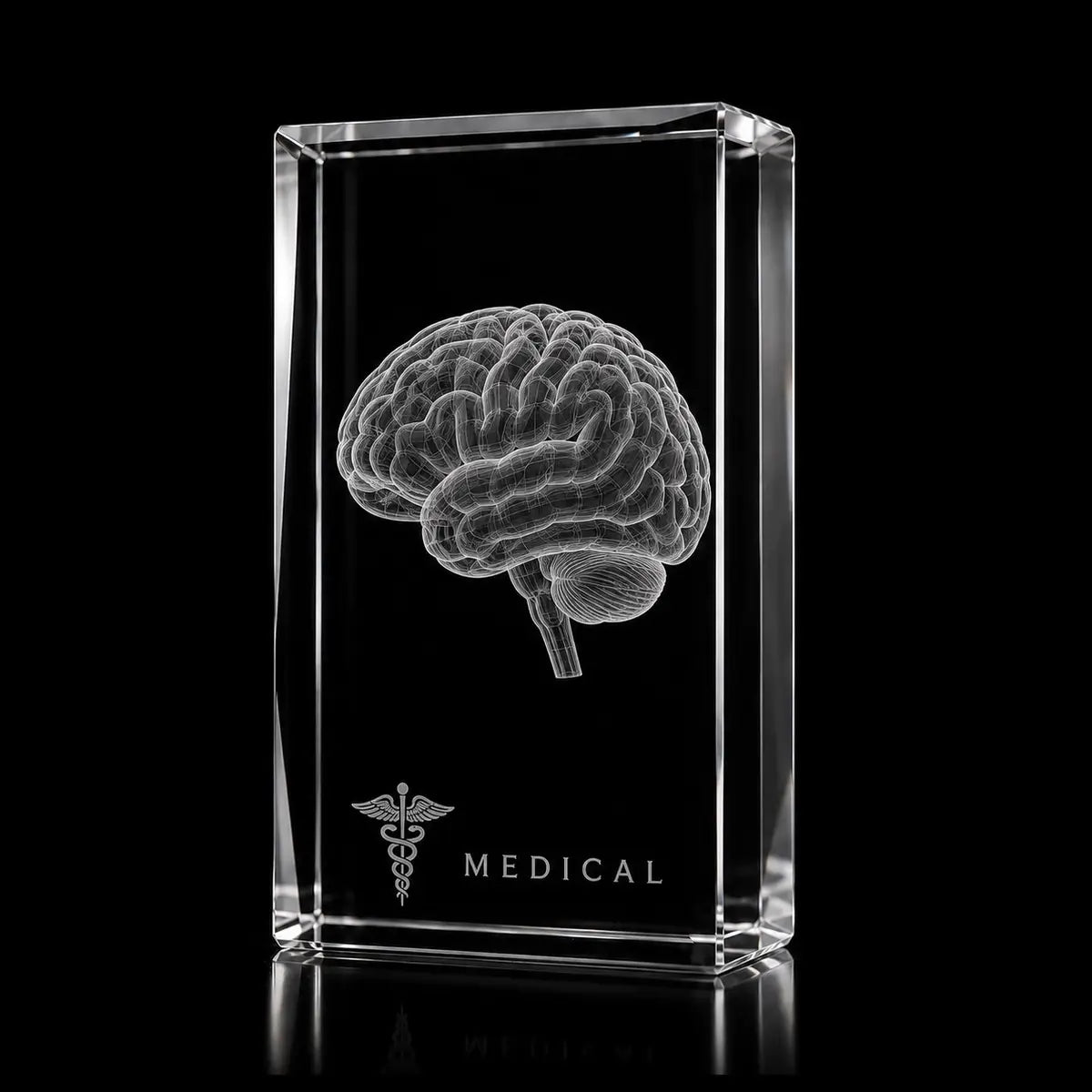 3D human brain laser engraved inside a clear portrait crystal award, custom medical trophy with 360-degree display.