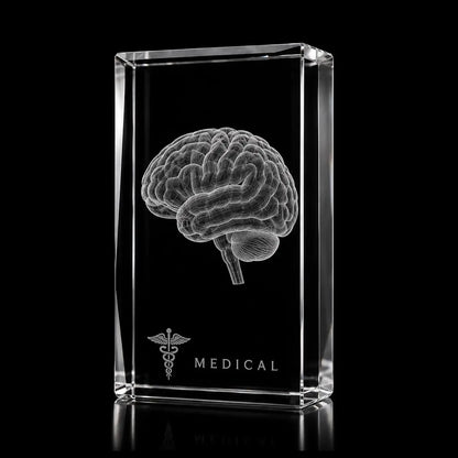 3D human brain laser engraved inside a clear portrait crystal award, custom medical trophy with 360-degree display.