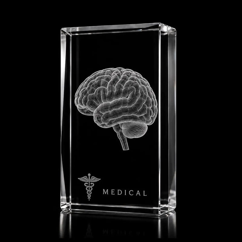 3D human brain laser engraved inside a clear portrait crystal award, custom medical trophy with 360-degree display.