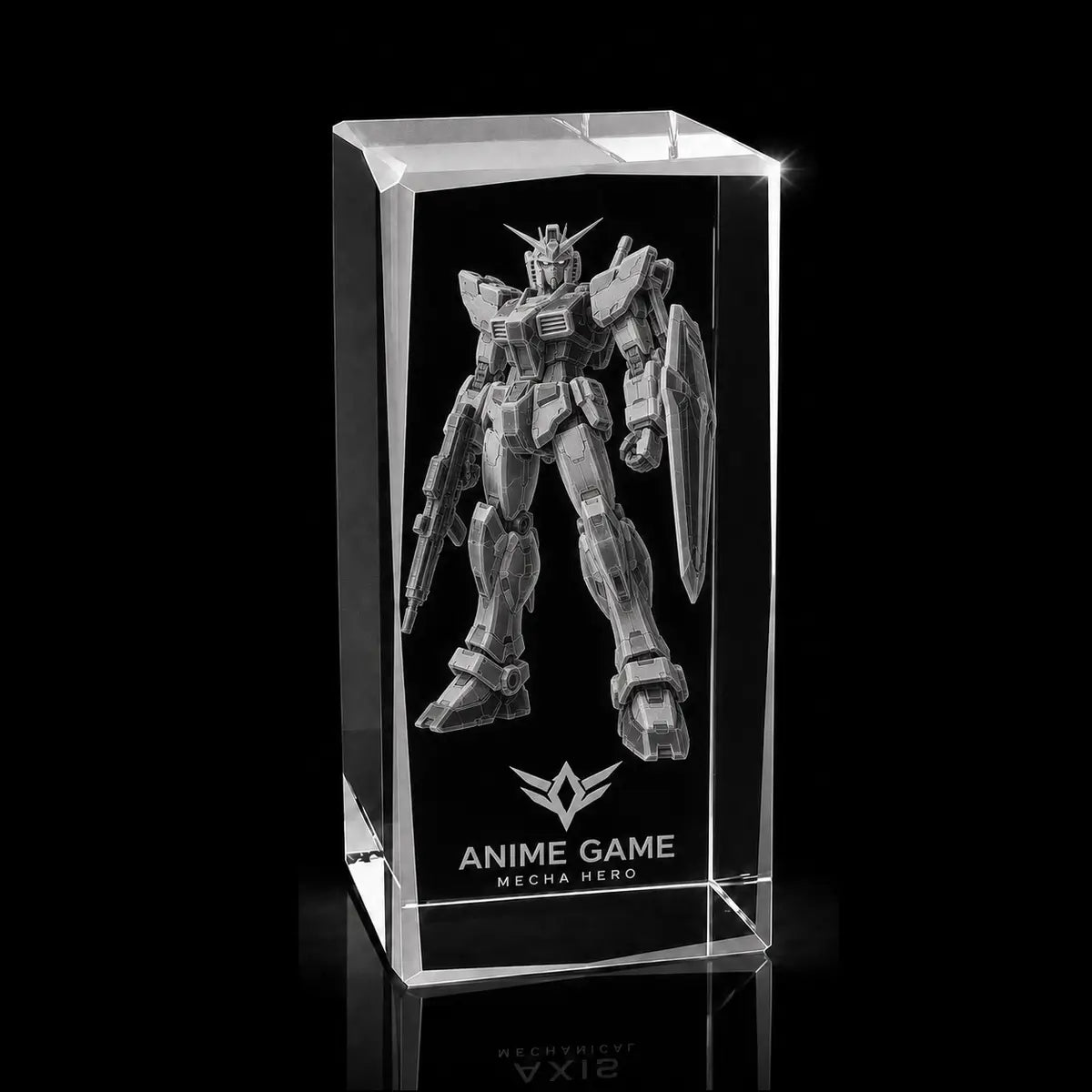 3D mecha hero laser engraved inside a clear crystal award, custom anime game trophy with 360-degree display.