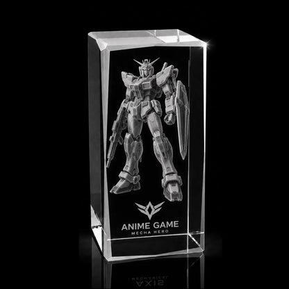 3D mecha hero laser engraved inside a clear crystal award, custom anime game trophy with 360-degree display.