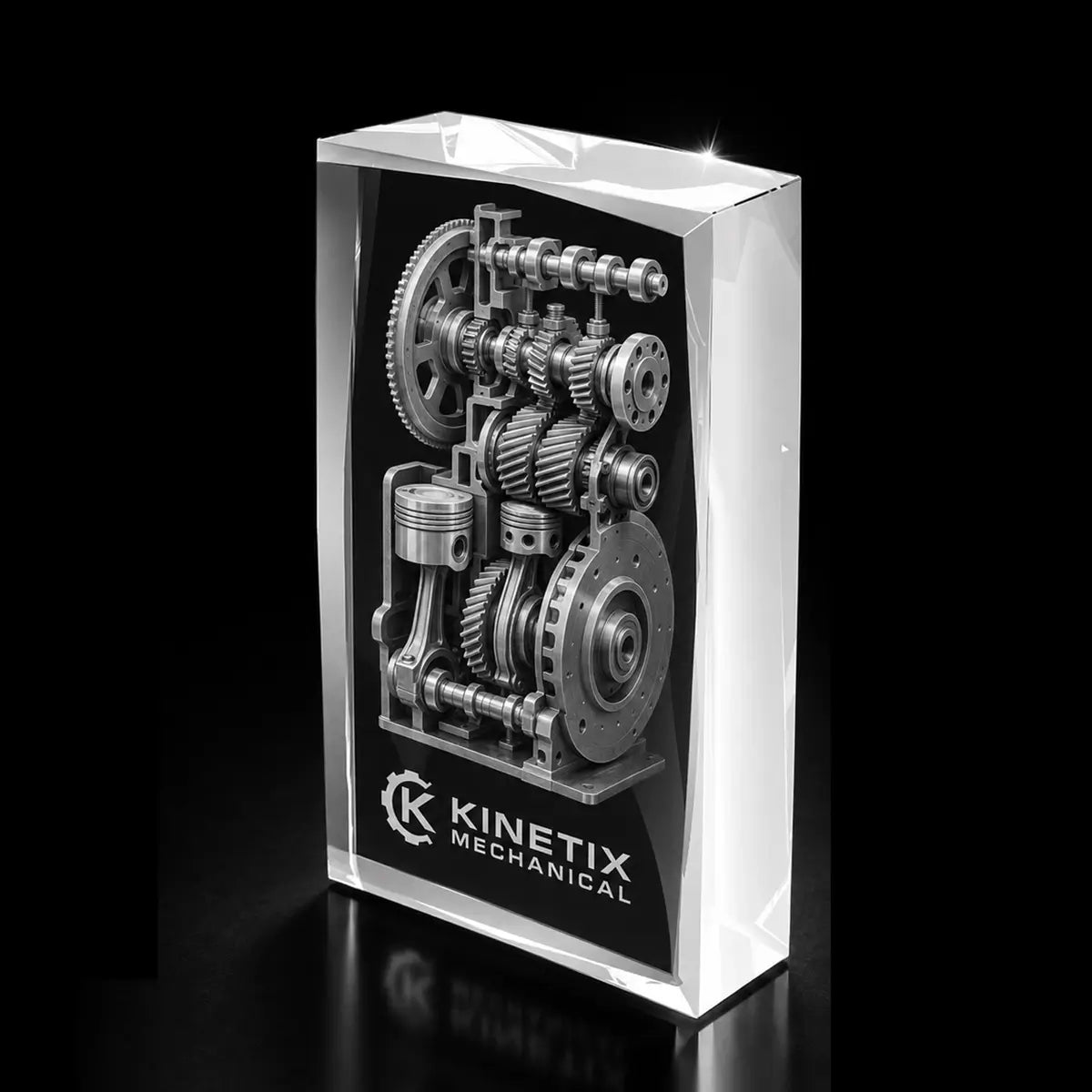 3D mechanical gear system laser engraved inside a clear faceted portrait crystal award, custom engineering trophy with 360-degree display.