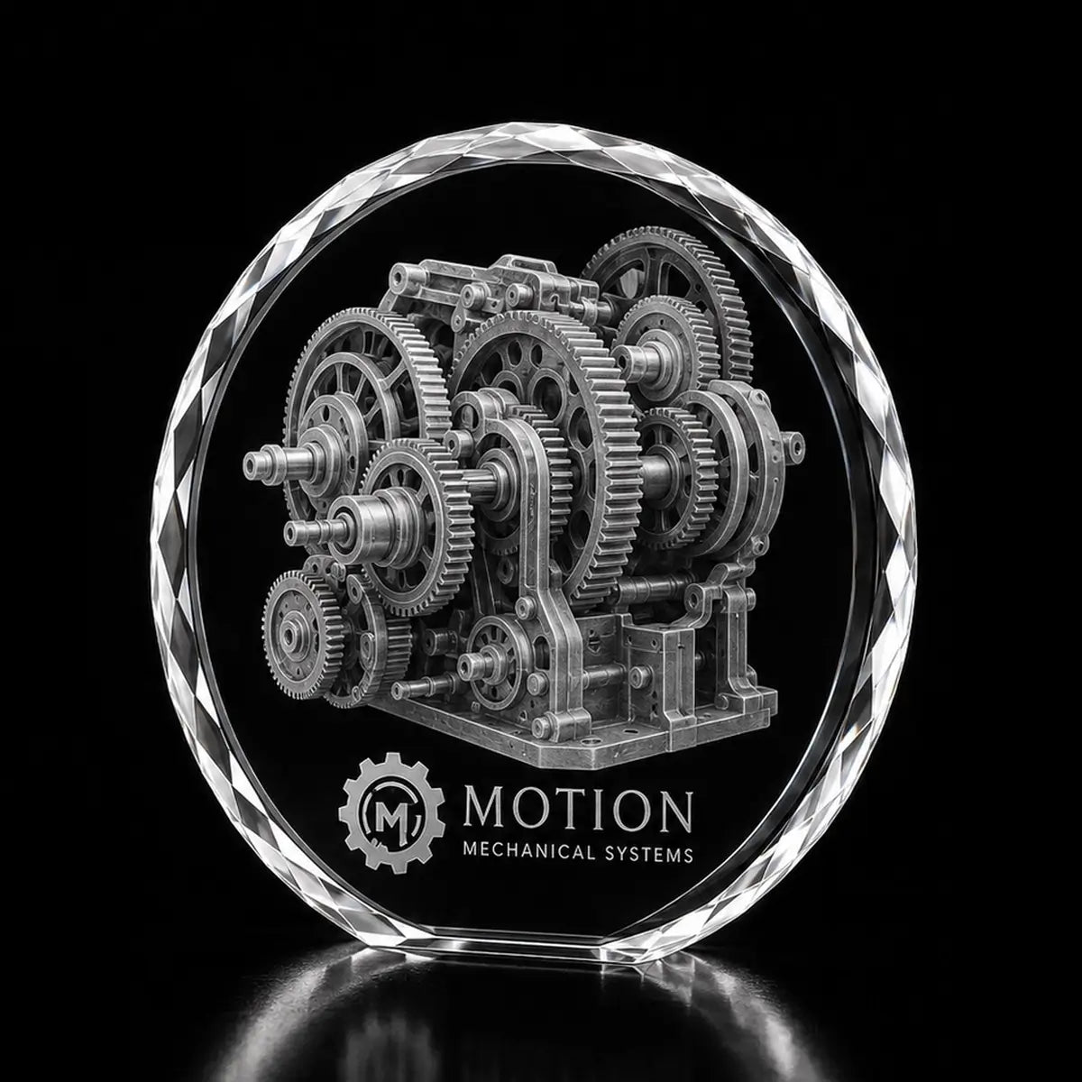 3D mechanical gear system laser engraved inside a clear round crystal award, custom mechanical systems trophy with 360-degree display.