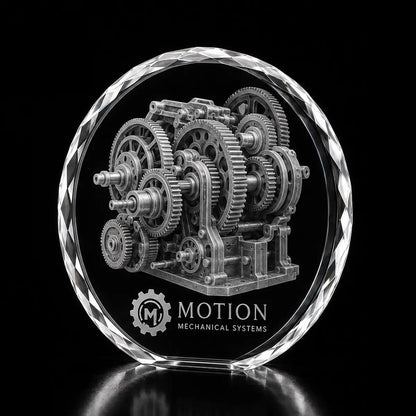 3D mechanical gear system laser engraved inside a clear round crystal award, custom mechanical systems trophy with 360-degree display.
