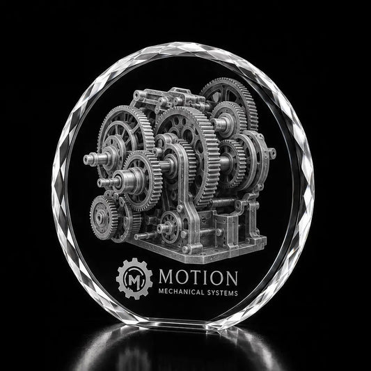 3D mechanical gear system laser engraved inside a clear round crystal award, custom mechanical systems trophy with 360-degree display.