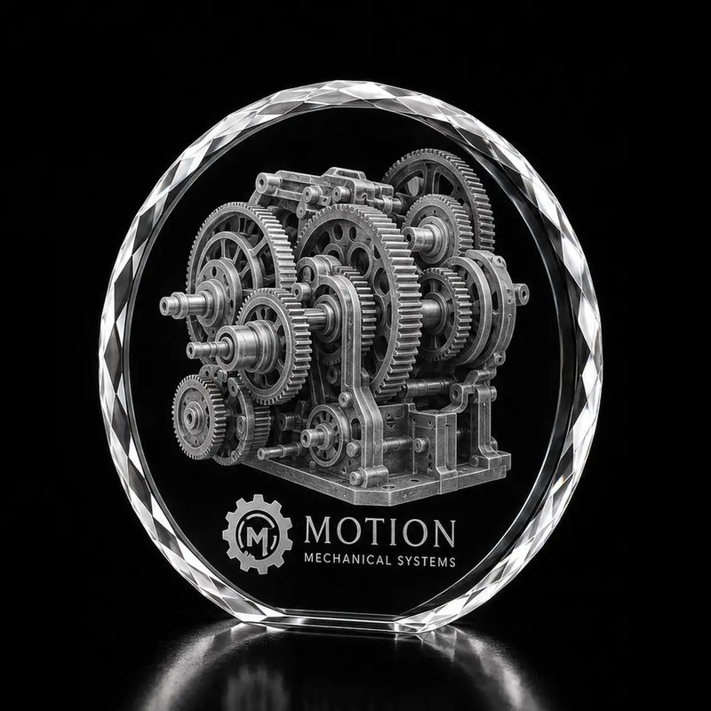 3D mechanical gear system laser engraved inside a clear round crystal award, custom mechanical systems trophy with 360-degree display.