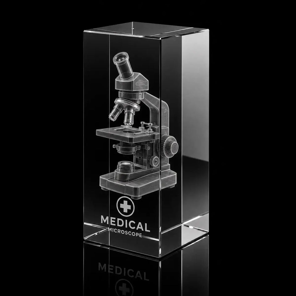 3D microscope model engraved in a clear crystal award, custom medical trophy for healthcare and laboratory recognition.