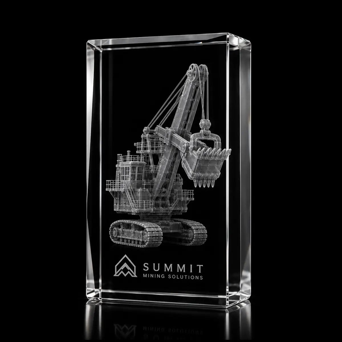 3D mining excavator laser engraved inside a clear portrait crystal award, custom mining equipment trophy with 360-degree display.