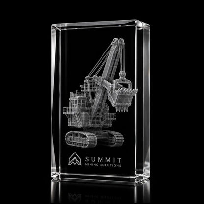 3D mining excavator laser engraved inside a clear portrait crystal award, custom mining equipment trophy with 360-degree display.