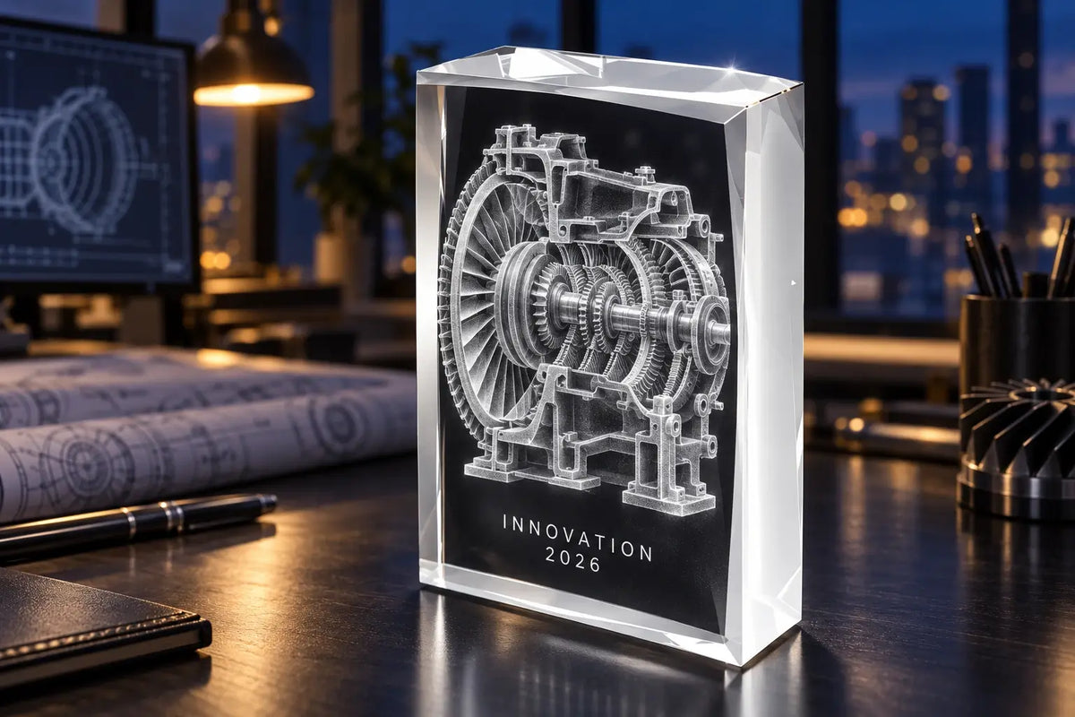 Custom 3D model crystal award with internal laser engraving.