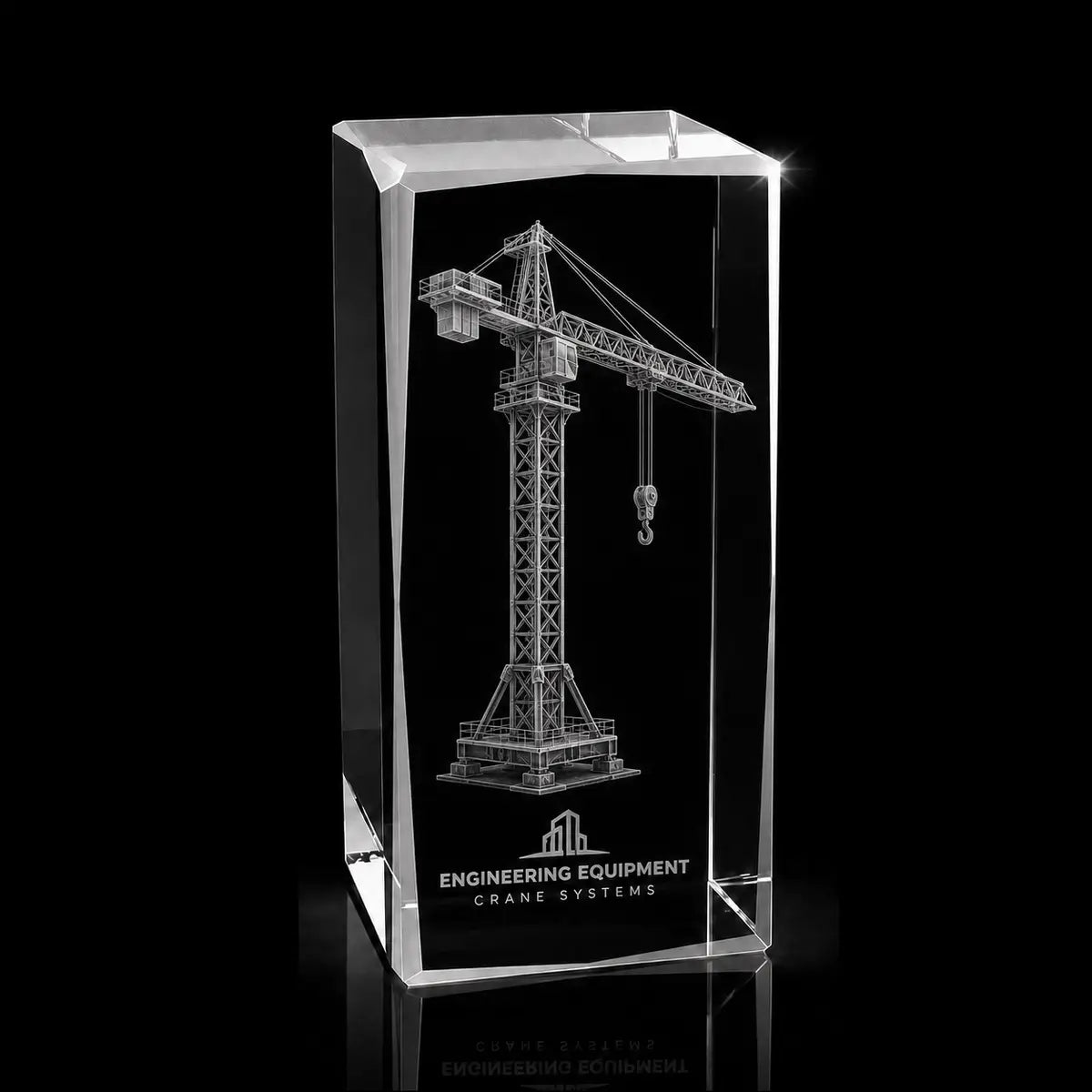 3D tower crane engraved inside a clear crystal award, custom engineering equipment trophy with 360-degree display.