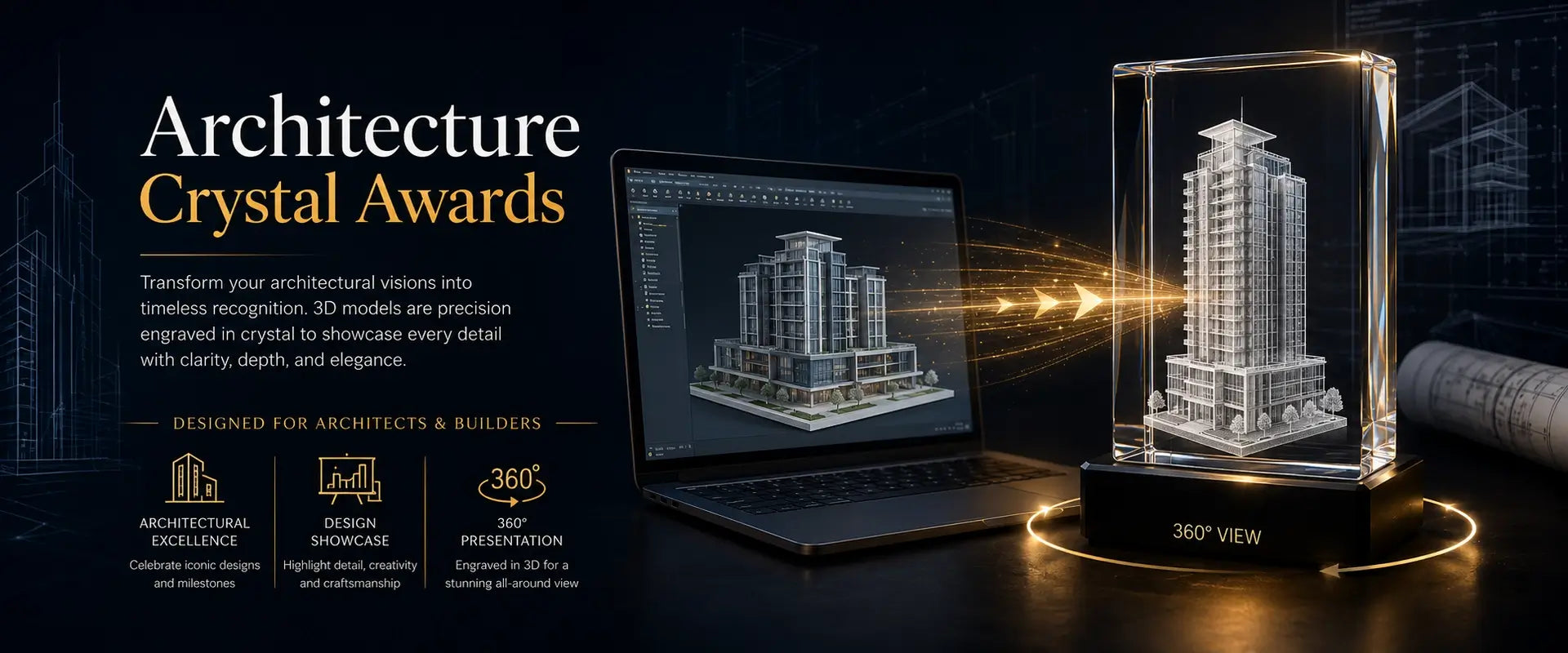  3D model crystal awards for architecture models, building designs, property developments and design presentations 
