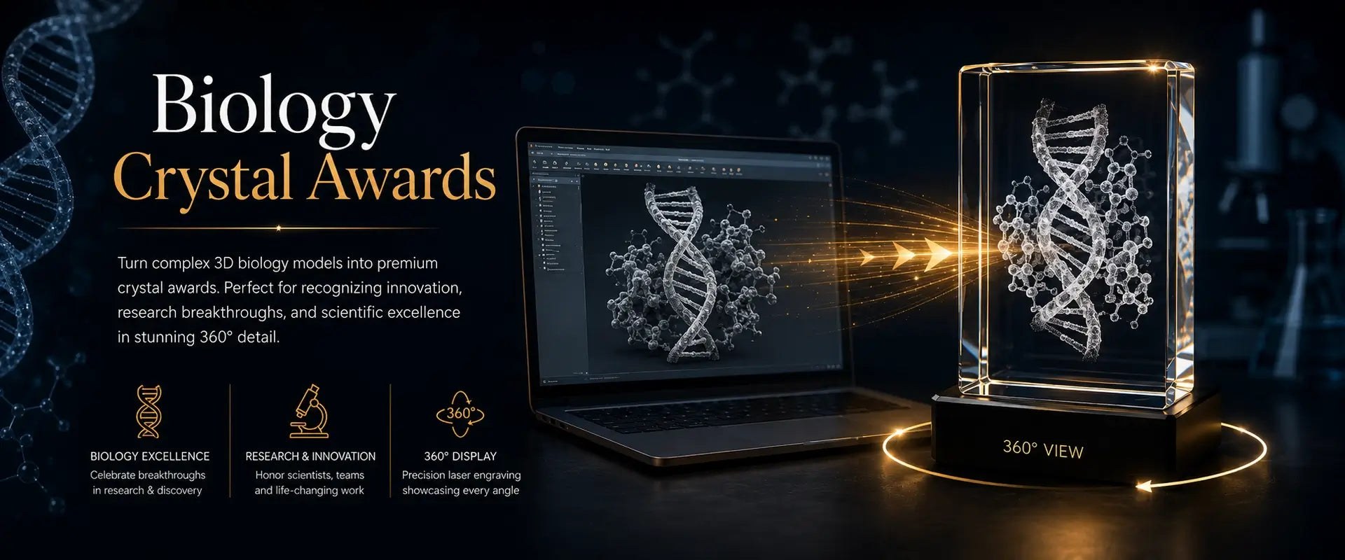  3D model crystal awards for biology, biotech models, research breakthroughs, scientific innovation and 360 degree display 
