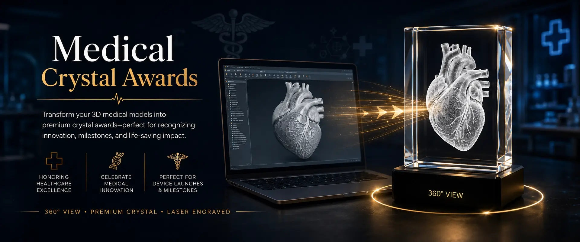  3D model crystal awards for medical models, healthcare innovation, device launches and medical milestones 
