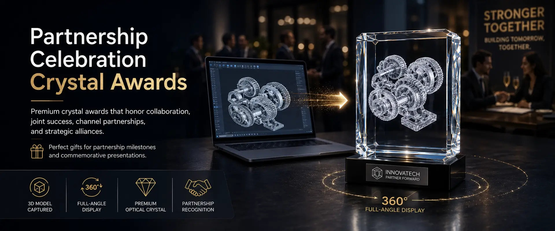  3D model crystal awards for partnership celebrations, business milestones, client appreciation and strategic alliance gifts 

