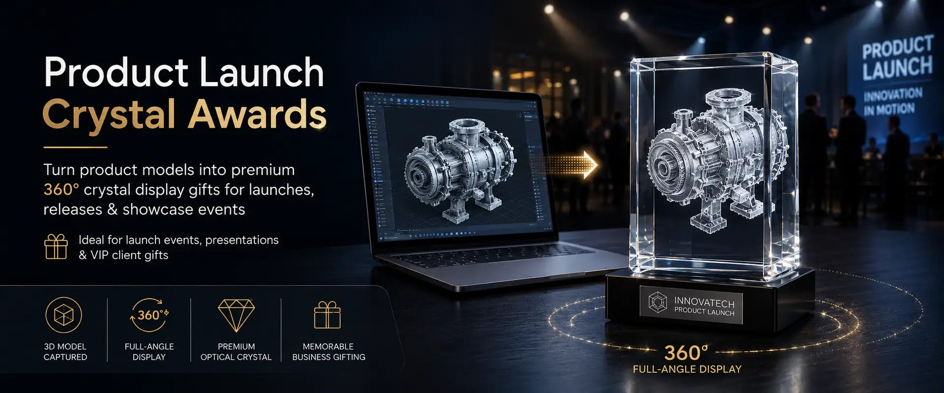 3D model crystal awards for product launches, showcase events, VIP client gifts and premium business presentations 
