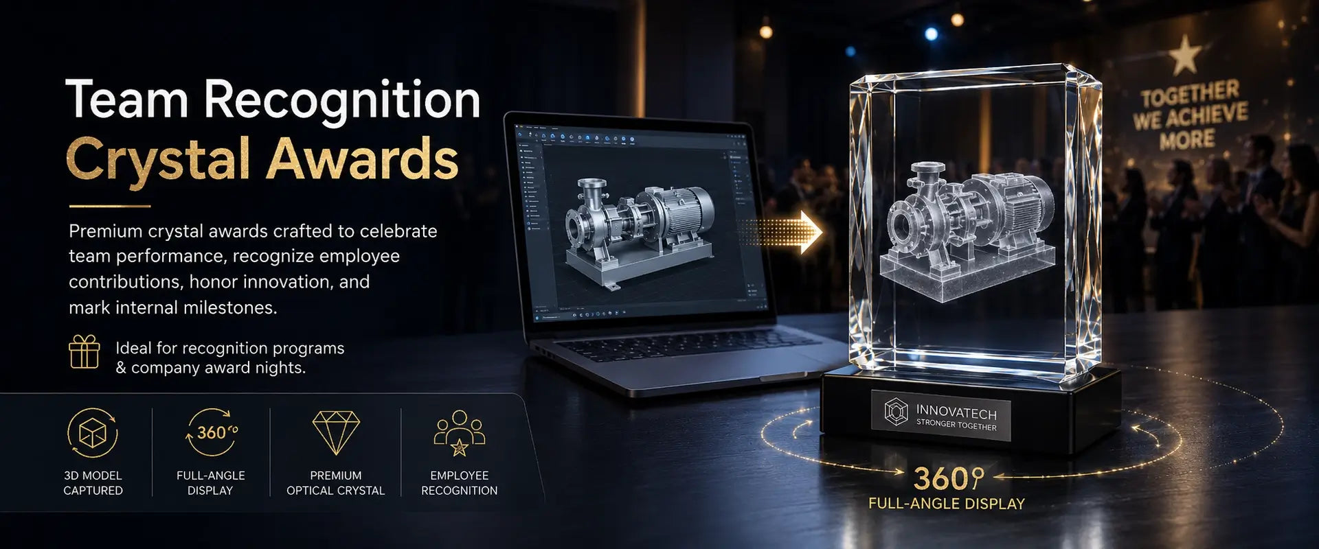 3D model crystal awards for team recognition, employee achievement, innovation awards and company milestones 

