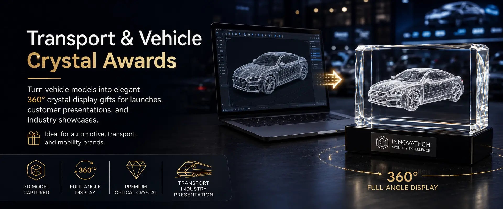  3D model crystal awards for vehicle models, transport industry showcases, mobility brands and product launches 
