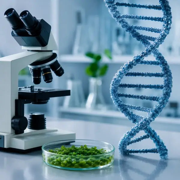 3D model in crystal award image for biology research with DNA model and microscope