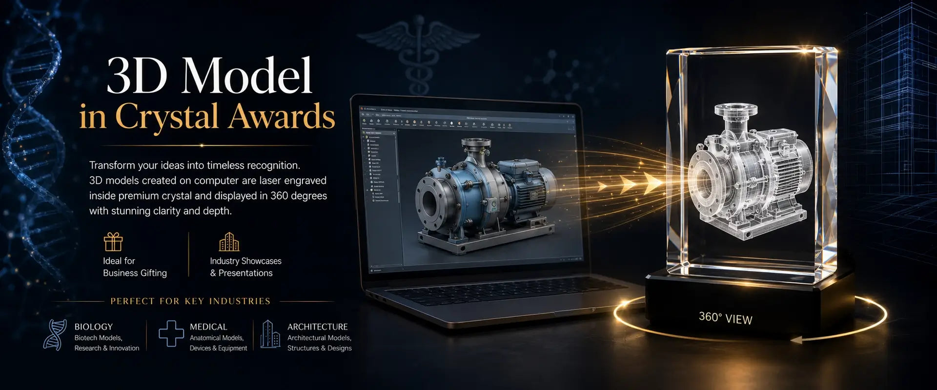  3D model in crystal awards for business gifting, industry showcases, product models and 360 degree displays 
