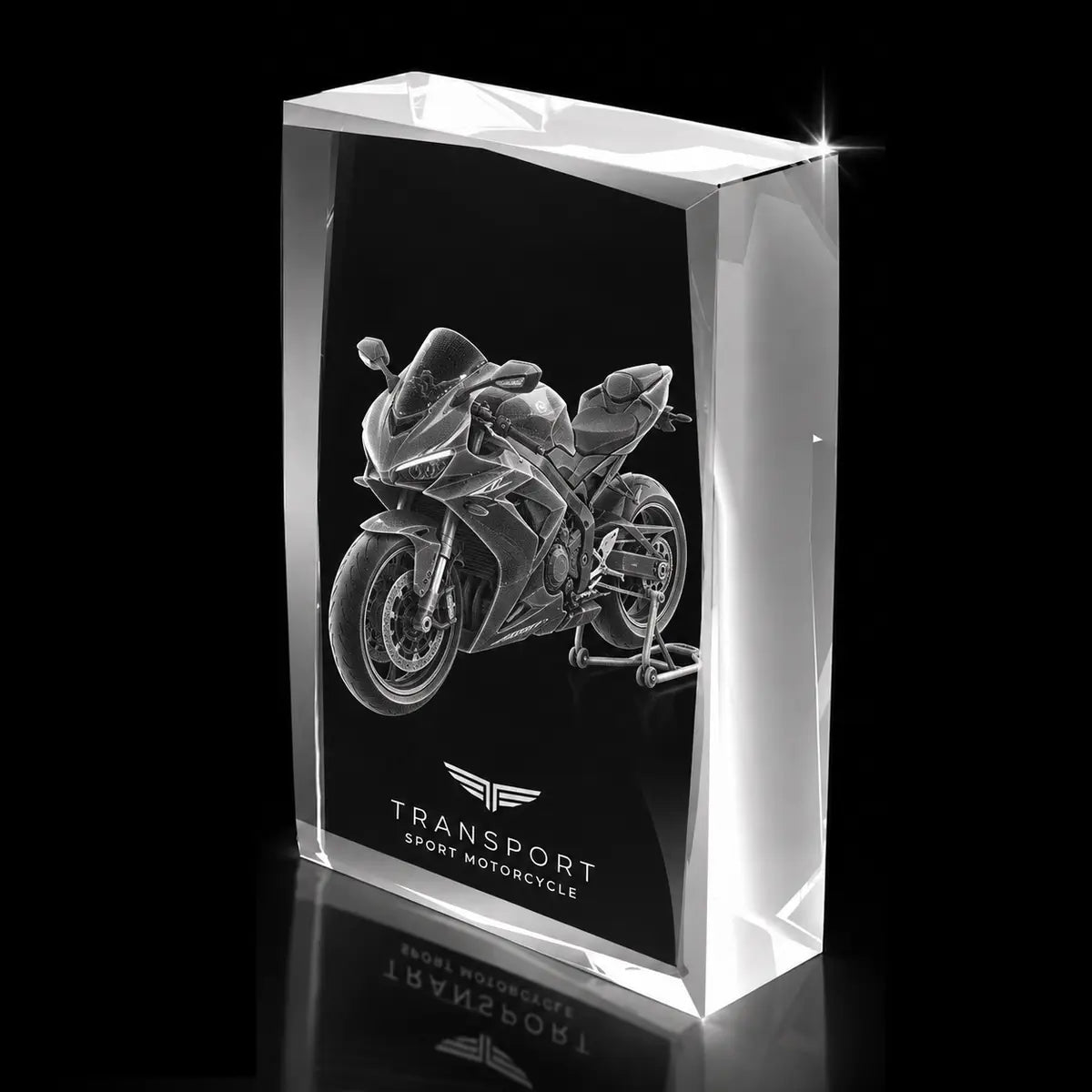 3D motorcycle laser engraved inside a clear faceted portrait crystal award, custom transport trophy with 360-degree display.