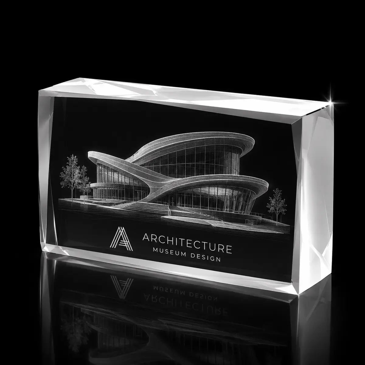 3D museum building model laser engraved inside a clear faceted landscape crystal award, custom architecture trophy with 360-degree display.