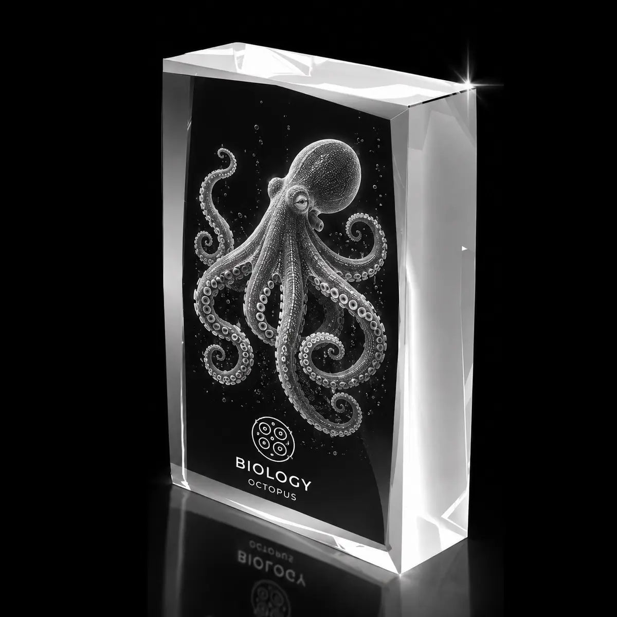 3D octopus laser engraved inside a clear faceted portrait crystal award, custom biology trophy with 360-degree display.