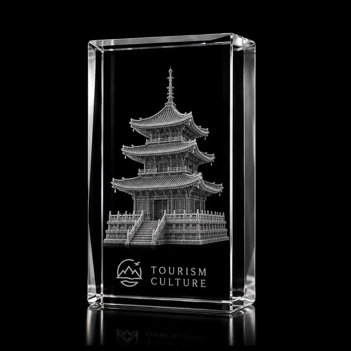 3D pagoda laser engraved inside a clear portrait crystal award, custom tourism culture trophy with 360-degree display.