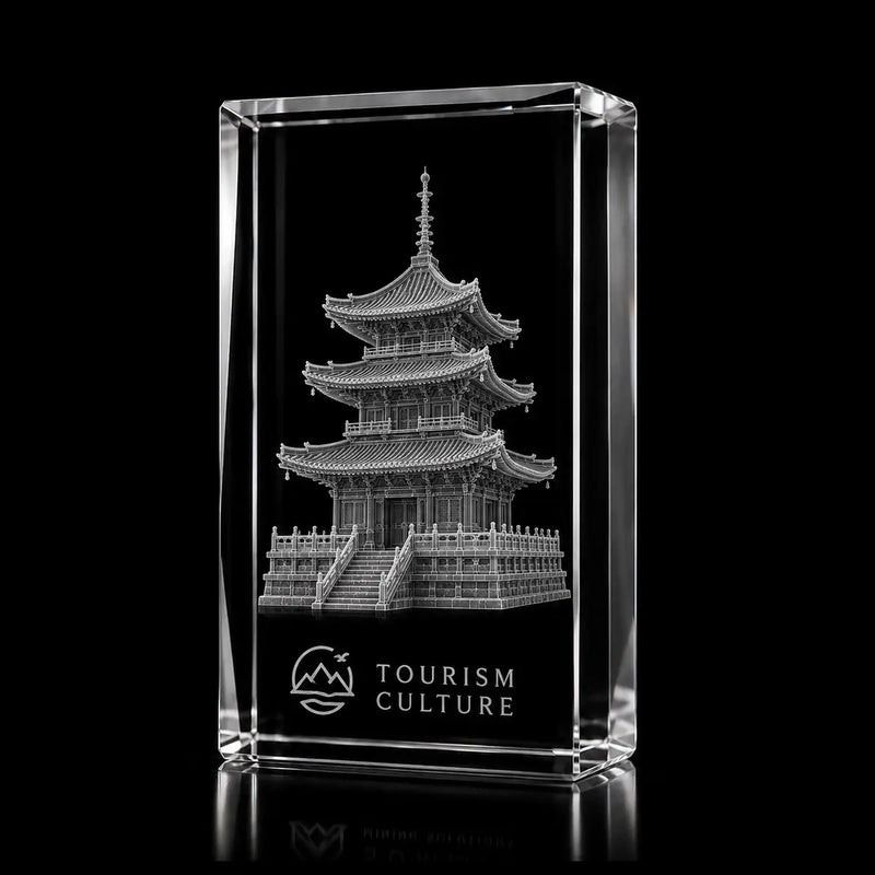 3D pagoda laser engraved inside a clear portrait crystal award, custom tourism culture trophy with 360-degree display.