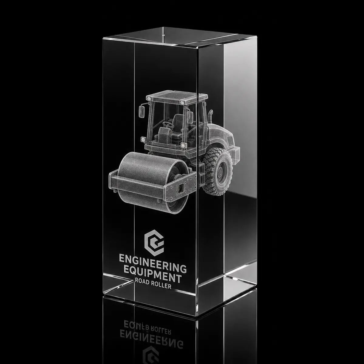 3D road roller engraved inside a crystal award, custom engineering equipment trophy with detailed 360-degree view.