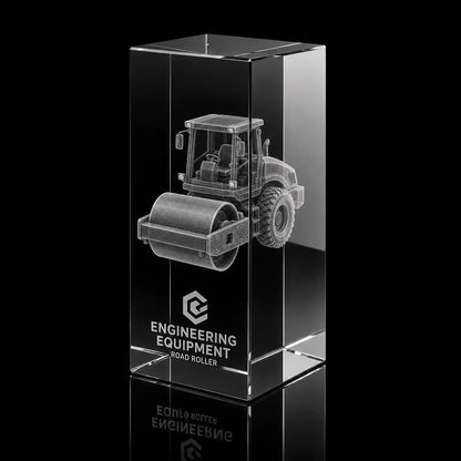 3D road roller engraved inside a crystal award, custom engineering equipment trophy with detailed 360-degree view.