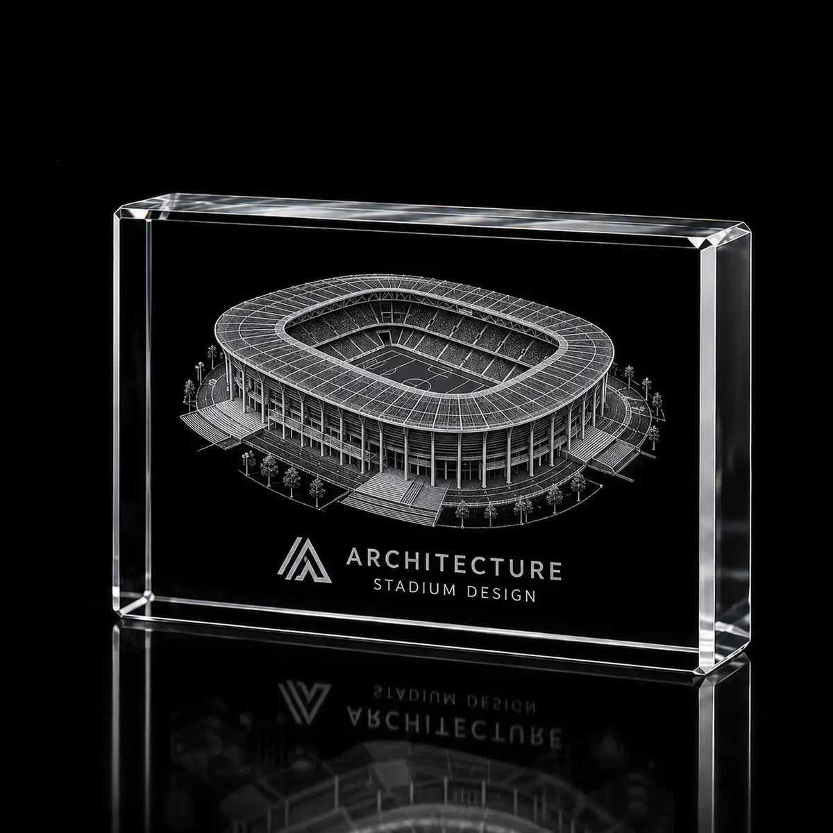 3D stadium model laser engraved inside a clear landscape crystal award, custom architecture trophy with 360-degree display.