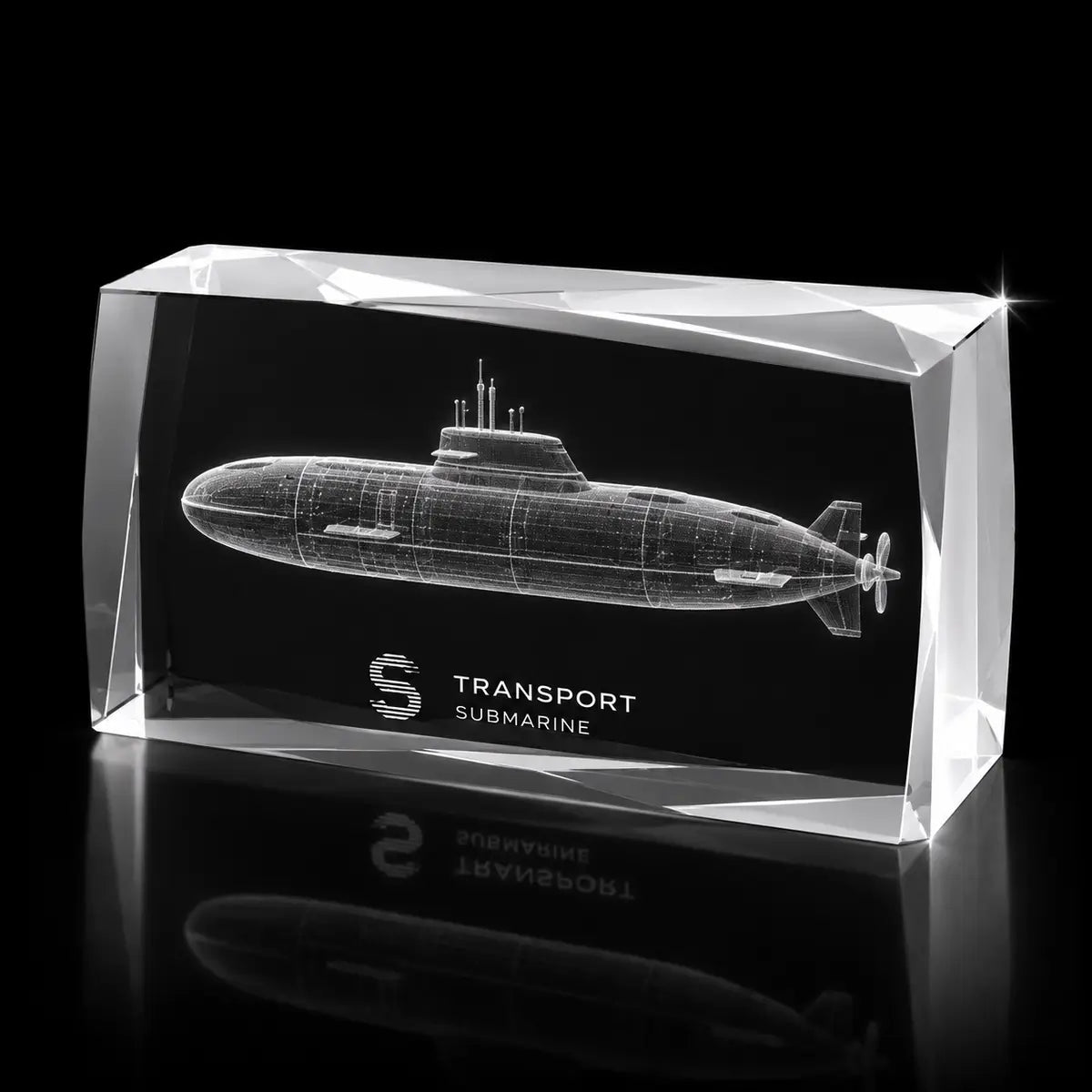 3D submarine model laser engraved inside a clear faceted landscape crystal award, custom transport trophy with 360-degree display.