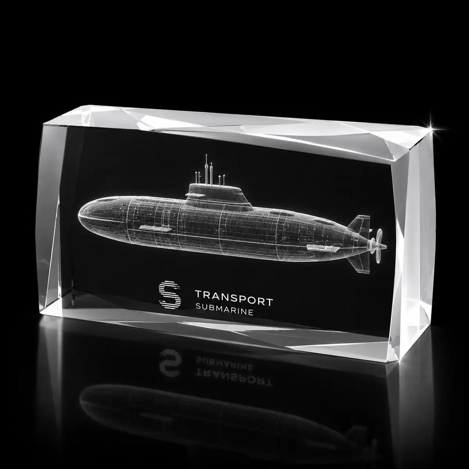 3D submarine model laser engraved inside a clear faceted landscape crystal award, custom transport trophy with 360-degree display.