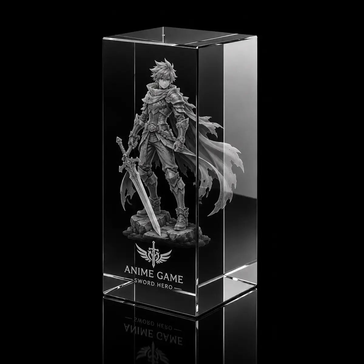 3D sword hero character engraved inside a crystal award, custom anime game trophy with detailed 360-degree display.