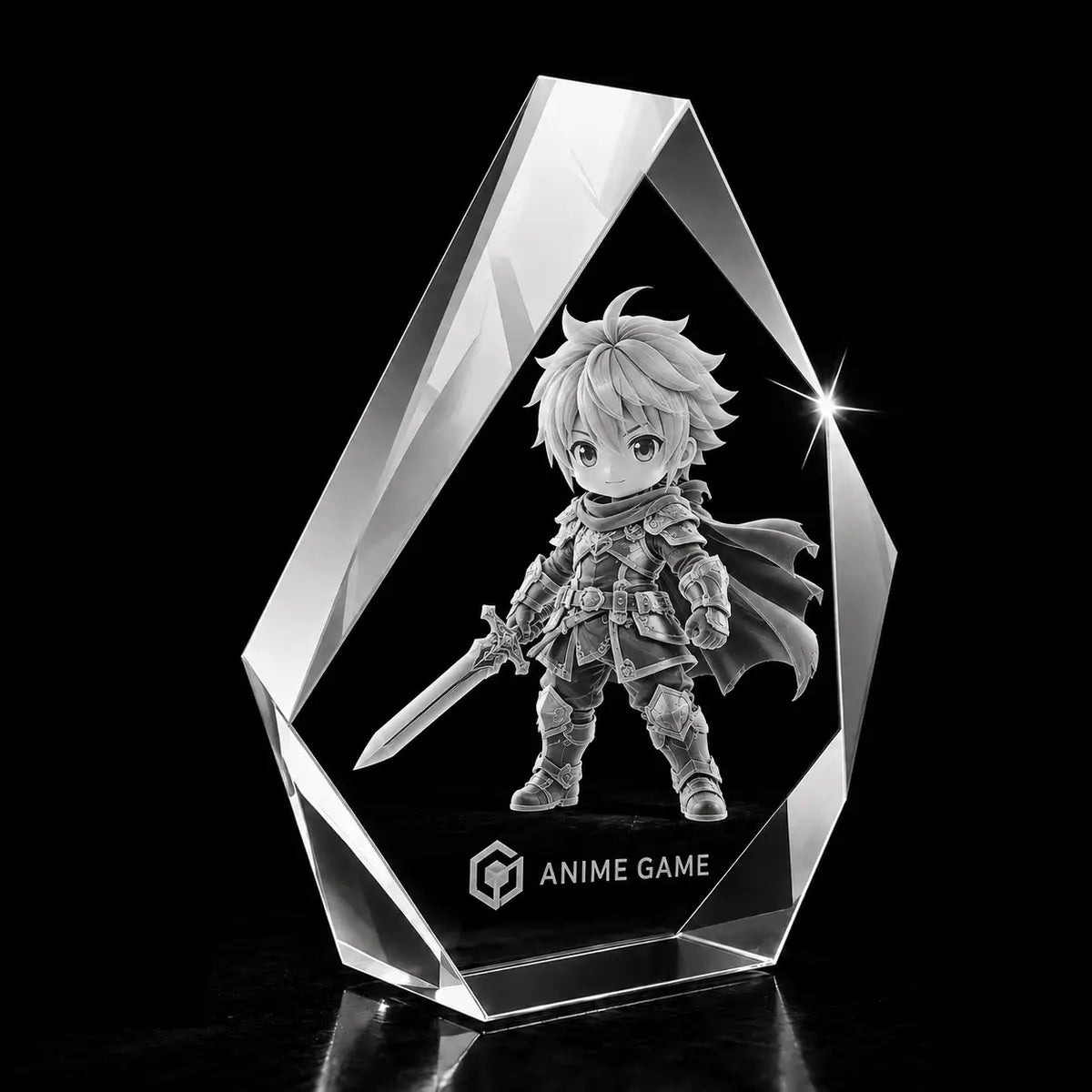 3D sword hero character laser engraved inside a clear iceberg crystal award, custom anime game trophy with 360-degree display.